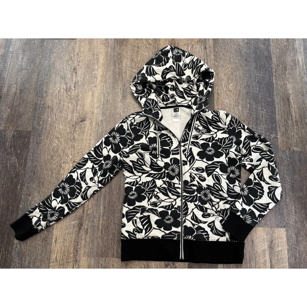The North Face Womens Floral Hibiscus Full Zip Hoodie Black White Medium‎ Fleece